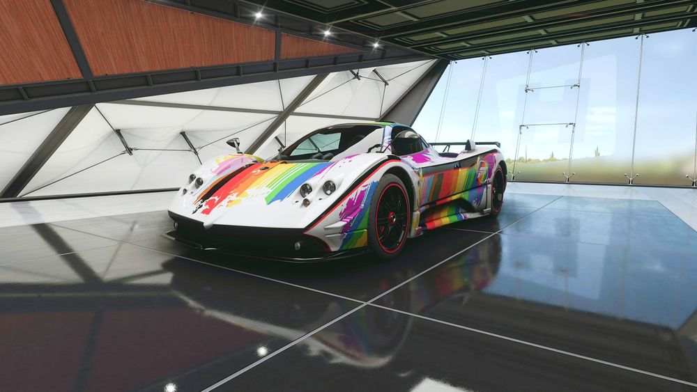 Pagani Zonda Cinque in the Festival Outpost sporting the Forza Rainbow livery.