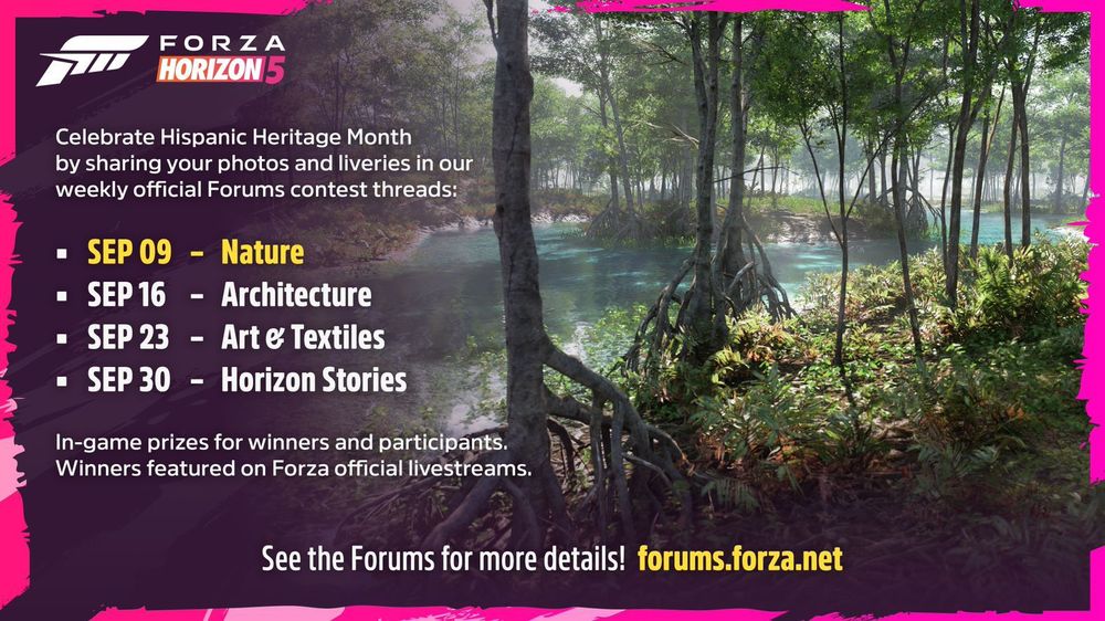 An announcement for Hispanic Heritage Month contests highlights Nature theme week starting September 9th.