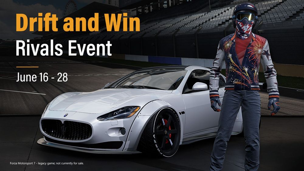 An FM Rivals announcement for Drift and Win June 16-28 showing the Safe and Sane Driver Gear outfit.