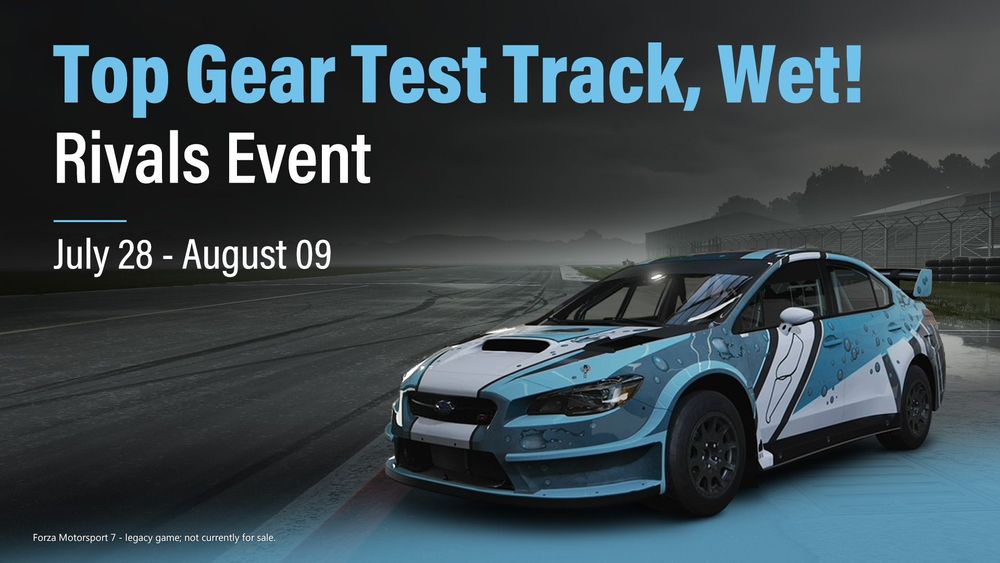 A Forza Motorsport 7 Rivals event for July 28 through August 9 showing a custom livery Subaru.