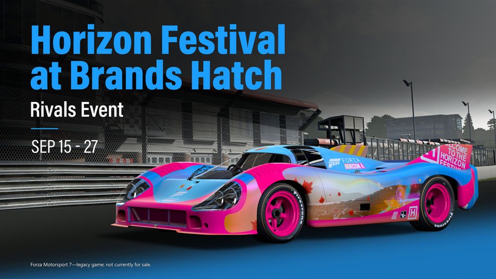 An FM7 Rivals announcement for Horizon Festival at Brands Hatch Sep 15-27 shows a colorful Porsche race car.