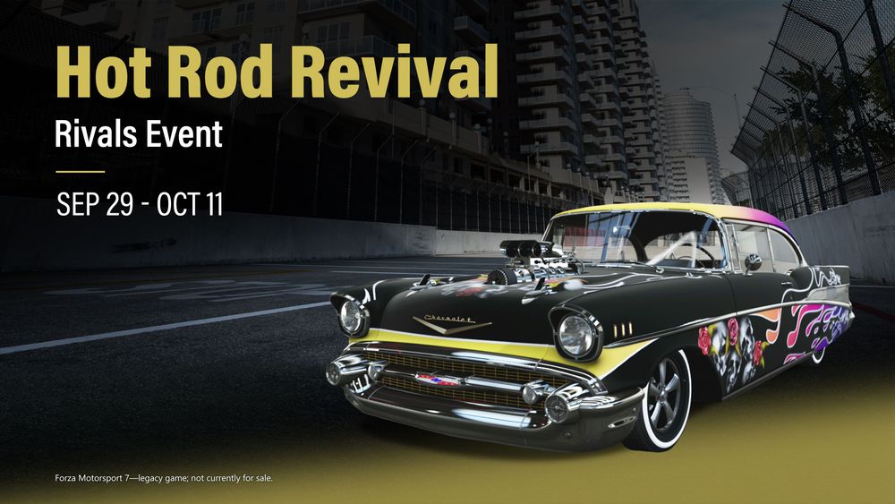 A Chevy Bel Air with custom design announces the FM7 Hot Rod Rivals Event for September 29th through October 11th.