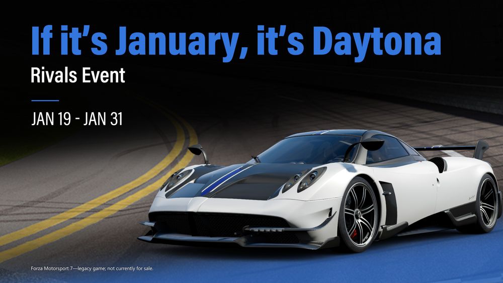 The January Daytona Rivals announcement shows a Pagani Huayra posed on track.