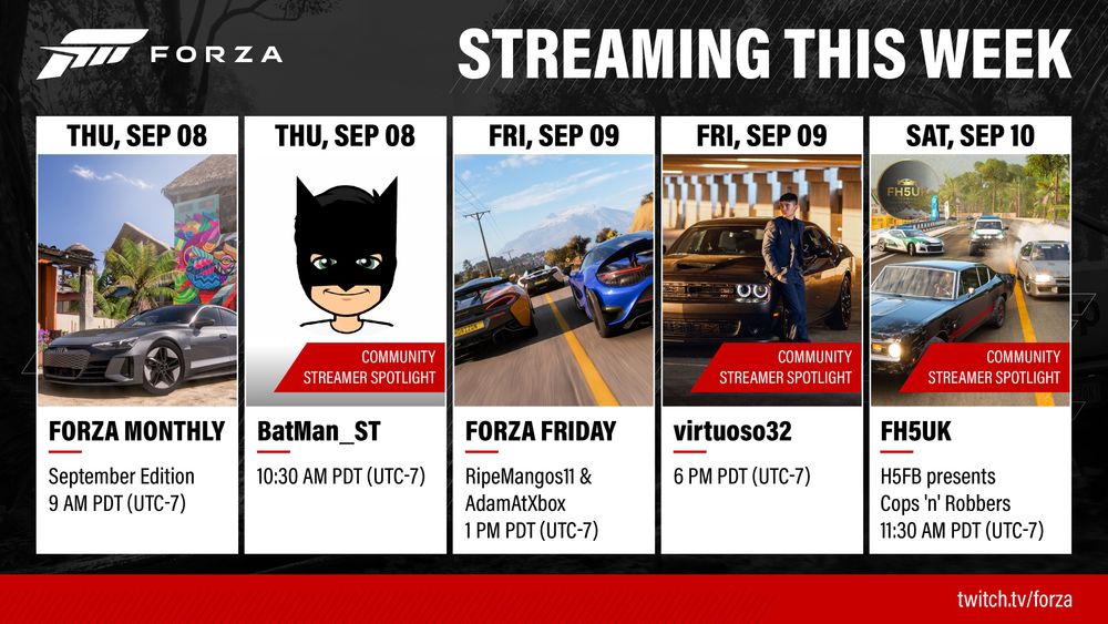 A Twitch tune-in schedule shows Forza Monthly and other livestreams for Sept 8th-10th.