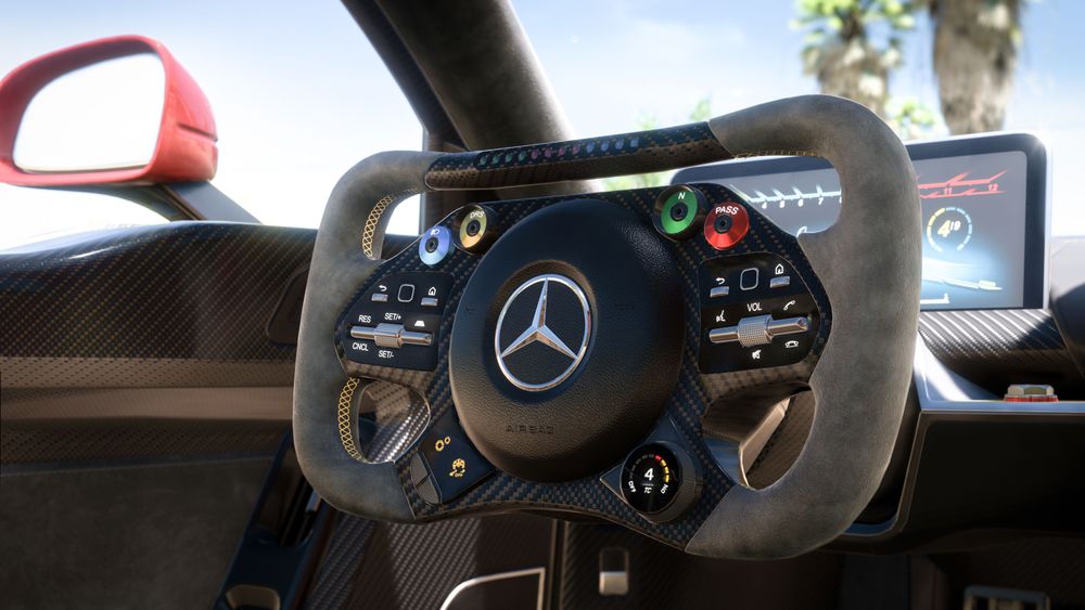 A close up of the Mercedes-AMG ONE steering wheel in FH5.