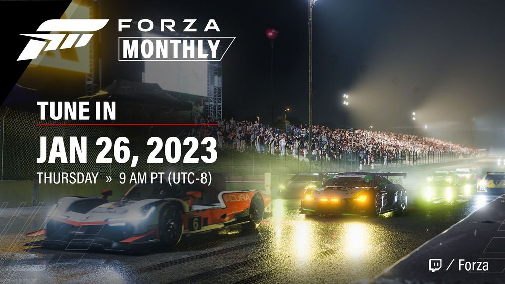 A tune in announcement for the January 26 Forza Monthly livestream.