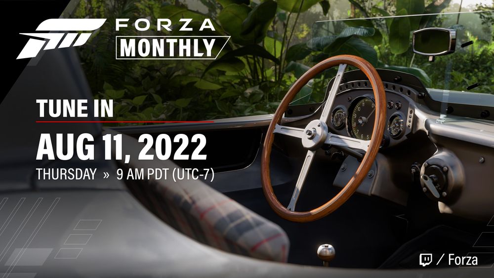 A tune-in Twitch schedule for the Forza Monthly livestream on August 11.