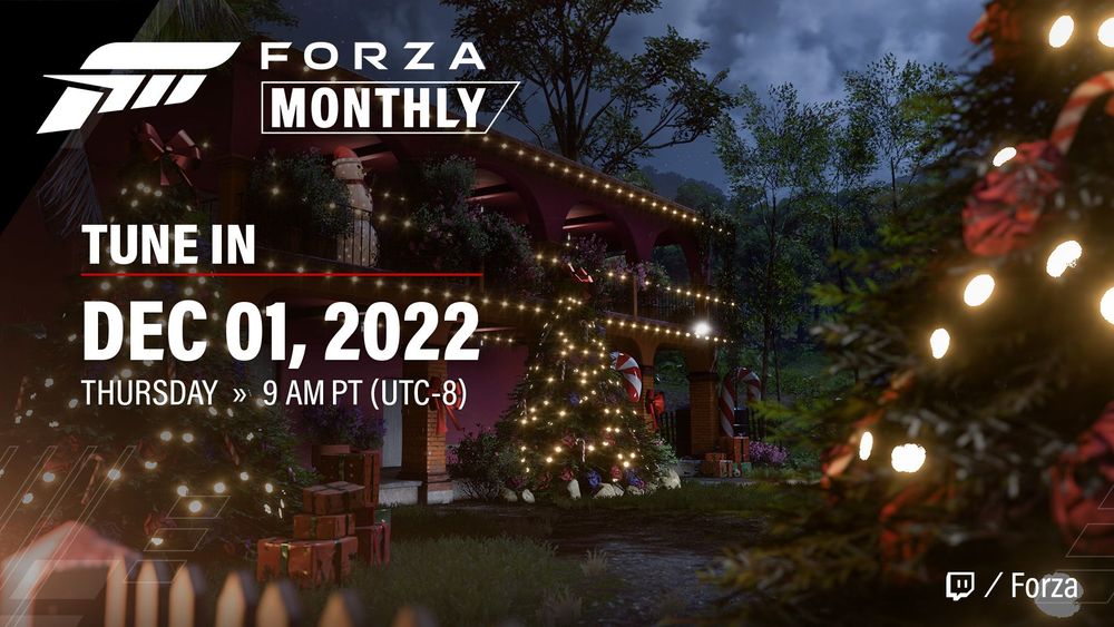 A tune in announcement for the December 1st Forza Monthly livestream.