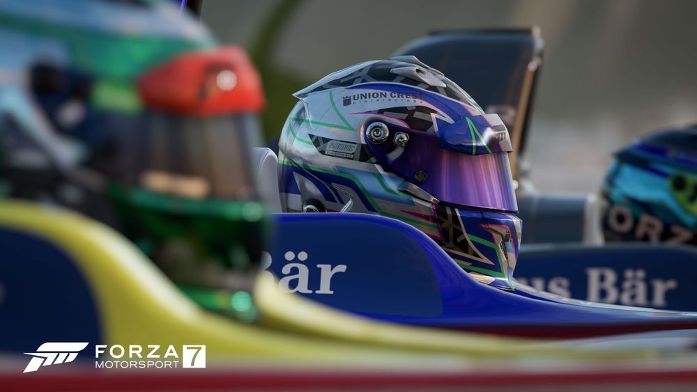 A close up view of a driver's racing helmet in FM7.
