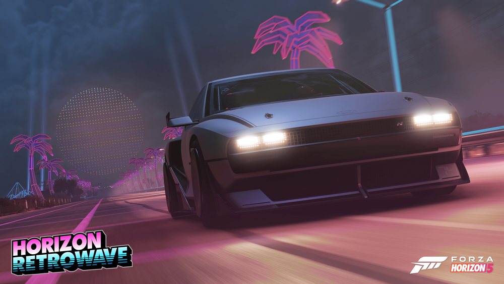 A Hyundai N Vision riding on a highway surrounded by neon-lighted palm trees