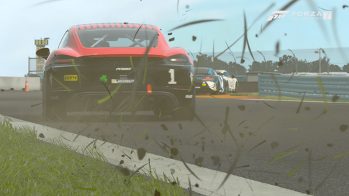 A race car kicks up grass in FM7.