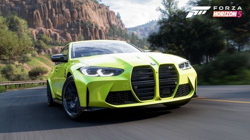 Bright green BMW going through a corner on a highway in front of a rural landscape