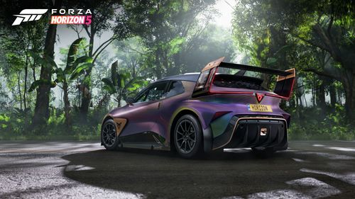 Back view of the purple 2022 CUPRA UrbanRebel Racing Concept parked in the jungle.