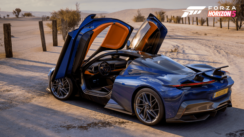 Pininfarina Battista with its scissor doors open parked on a dirt road