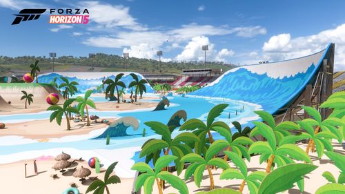 Palm tree carboard cut-out and wave-shaped ramp on a beach scenario