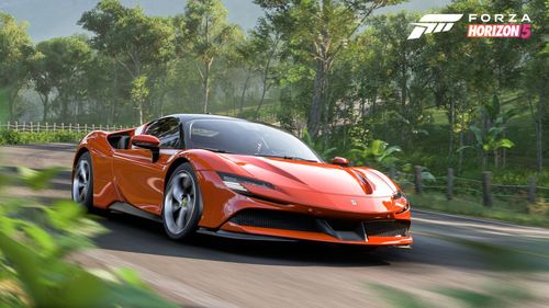 Ferrari SF90 Stradale speeding down a rural road.