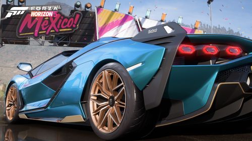 A blue 2020 Lamborghini Sián Roadster parked by a Horizon Mexico Festive sign.