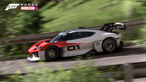 Porsche Mission R about to take a corner on a racing course
