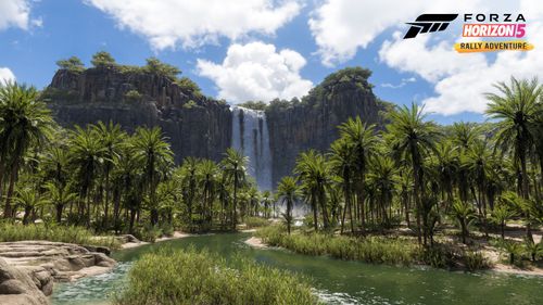 Glistening waterfall rains down from a high ridge with a flowing stream through the high vegetation Palm Forest.