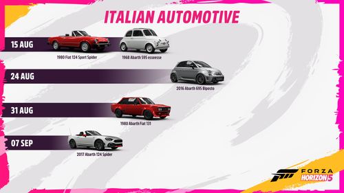 Five cars placed in four lines each one with the realease dates of the cars