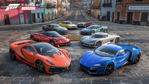 Eight reward cars parked in a two lines on a street in front of colorful houses