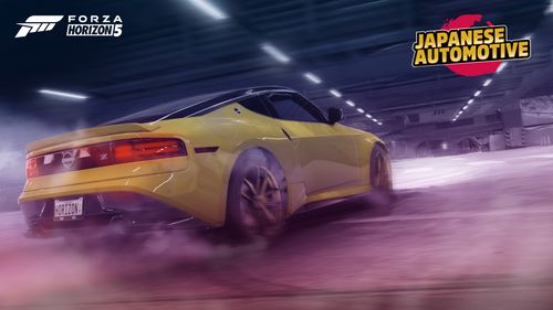 Yellow 2023 Nissan Z drifts around a parking lot created in EventLab.