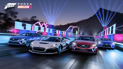 Four cars drive through the neon airfield including the silver 2021 Rimac Nevera, the red 2022 Cadillac CT5-V Blackwing, the blue 2021 Lexus LC 500 and the blue 2022 Cadillac CT4-V Blackwing.