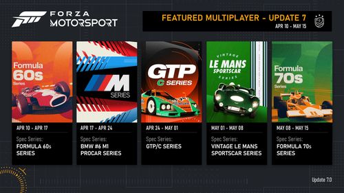 Formula 60s series: April 10 - 17. BMW #6 M1 Procar series: April 17 to April 24. GTP/C series: April 24 - May 1st. Vintage Le Mans series: May 1 until May 8. Formula 70s: May 8 - 15