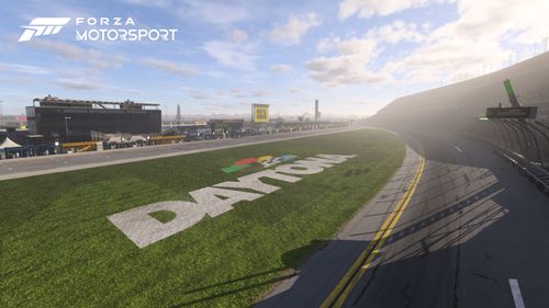 Daytona International Speedway empty on a sunny day with a clear sky