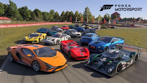 A variety of both road-going and racing cars parked on a race track in tight quarters. There are cars from Bentley, Audi, Nissan, Dodge, Lamborghini, Ford, Porsche, Chevrolet, Alpine and more. There are dozens of cars all facing different directions.