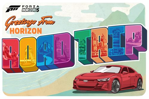 Artwork banner featuring Mexico's landscapes and a red Audi car saying Greetings from Horizon Road Trip.