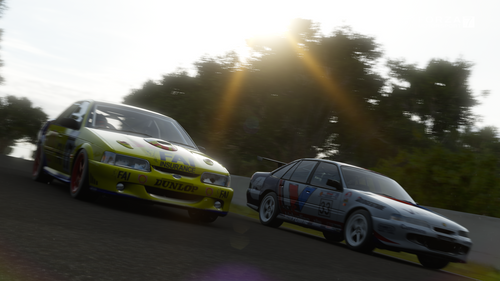 Two sports cars with racing liveries are seen at Bathurst.