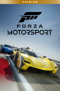 A picture showing the yellow number 01 Cadillac Racing V-Series.R with a blue 2024 Chevrolet Corvette E-Ray just behind it to the left and they are racing on a circuit with clear blue skies above and the Forza Motorsport logo above them.