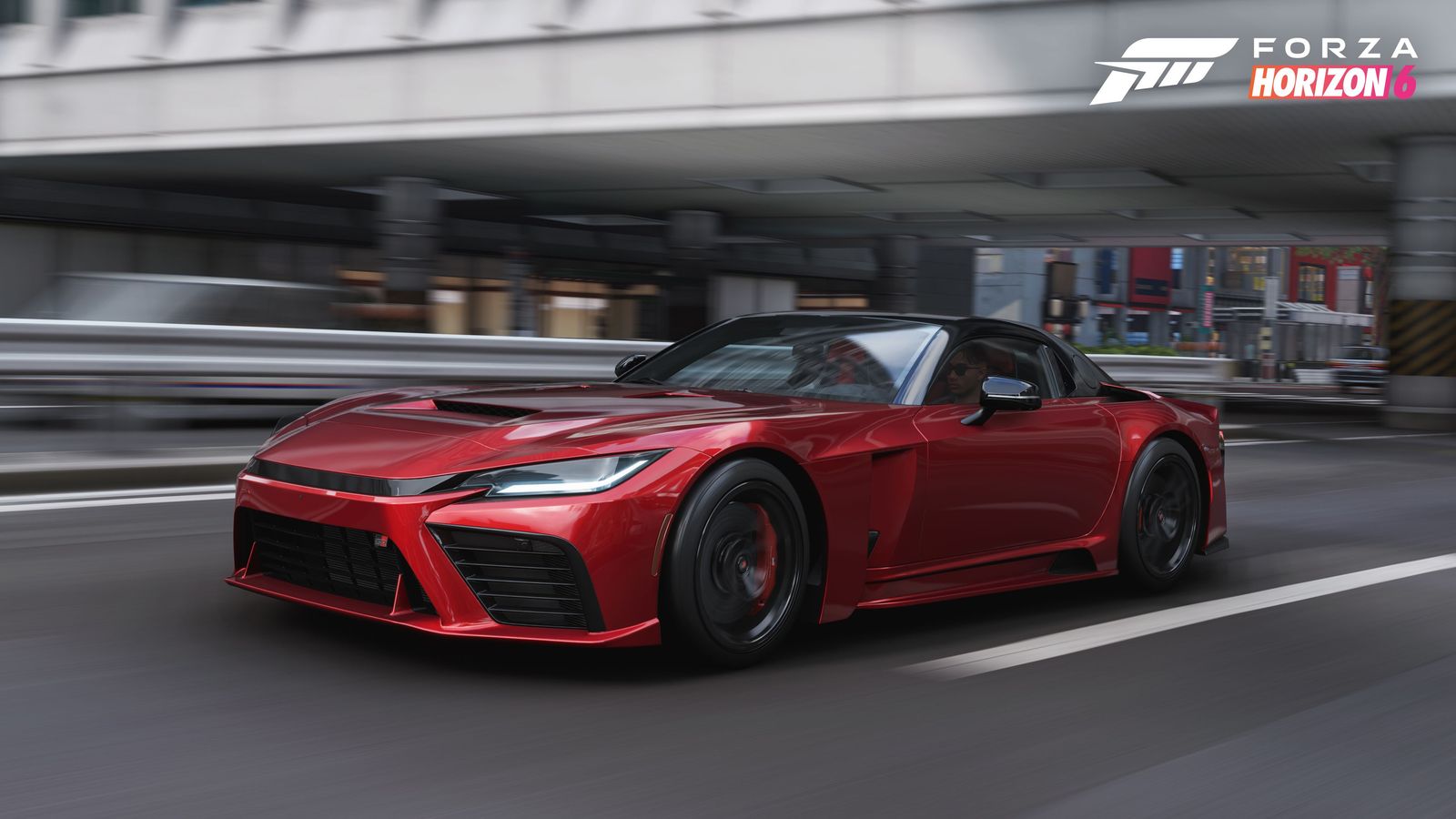 Carro esportivo vermelho nas ruas de uma cidade japonesa em Forza Horizon 6